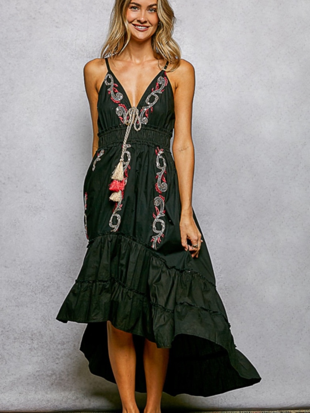 "The Teddi" Black V-neck Relaxed Tassel Embroidery Hi-Low Dress
